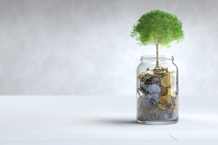 A tree grows on a coin in a glass jar, Money saving concept. 3D illustration